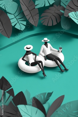 A modern, artistic depiction of a couple lounging on pool floats surrounded by lush greenery. Their attire adds to the chic atmosphere of relaxation and leisure.