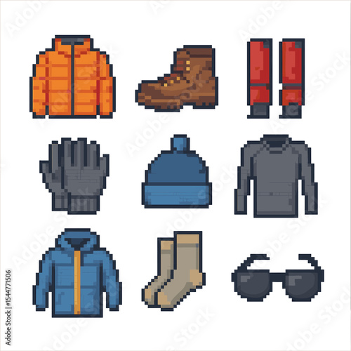 Mountaineering Gear Icons. Pixel art icon set of mountaineering clothing: down jacket, hiking boots, gaiters, gloves, beanie,