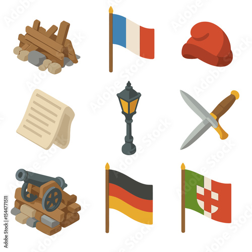 Revolutions Icon Set. Isometric Flat icon set of Revolutions of 1848: street barricade, tricolor flag, student cap Phrygian,