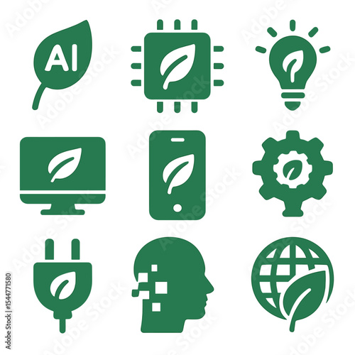 Green Tech Icons. Solid, filled icons set of green tech innovations: AI leaf, green chip, digital eco,