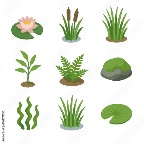 River Flora Icons. Isometric Flat icon set of river vegetation and flora: water lily, cattail, reeds clump, willow sapling, fern