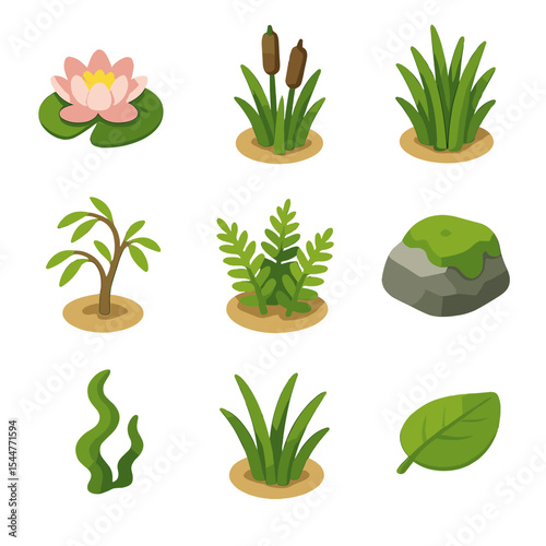River Flora Icons. Isometric Flat icon set of river vegetation and flora: water lily, cattail, reeds clump, willow sapling, fern