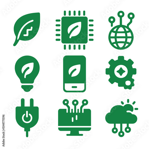 Green Tech Icons. Solid, filled icons set of green tech innovations: AI leaf, green chip, digital eco,