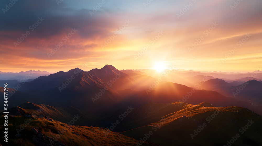 A mountain sunset scene with clear skies and the sun dipping behind the peaks, casting a warm glow on the surrounding landscape. A mountain sunset scene with clear skies and the sun dipping behind the peaks, casting a warm glow on the surrounding landscape.
