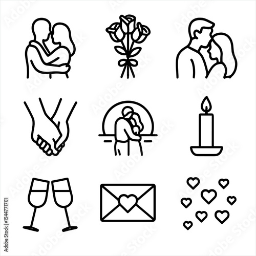 Romantic Icon Set. Outline icon set of romantic hug moments: couple silhouette, rose bouquet, kiss on forehead, intertwined hands,