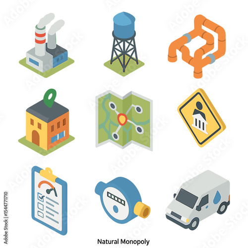 Natural Monopoly Icons. Isometric Flat icon set of Natural Monopoly: power plant building, water utility tower, pipeline network,