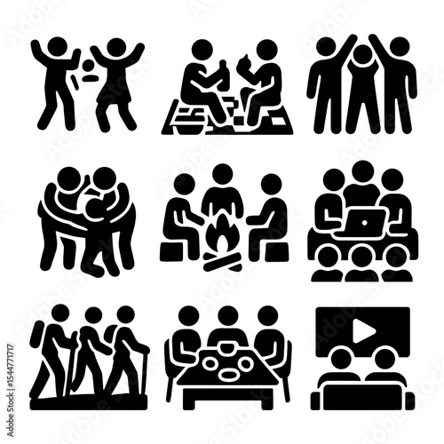 Group Activities Icons. Solid, filled icons set of group activities and bonding: group dance, picnic scene, group cheer, friendship circle, campfire chat, team project, 