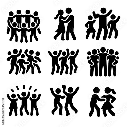 Group Dance Icons. Solid, filled icons set of group dance activities: group circle, partner dance, group performance, synchronized movement, supportive community, 