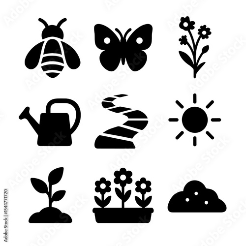 Habitat-Friendly Icons. Solid, filled icons set of habitat-friendly landscaping: bee icon, butterfly icon, wildflower icon, watering can, garden path, sun icon, plant icon, flower bed, soil icon.