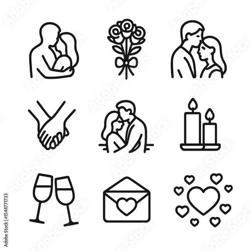 Romantic Icon Set. Outline icon set of romantic hug moments: couple silhouette, rose bouquet, kiss on forehead, intertwined hands,