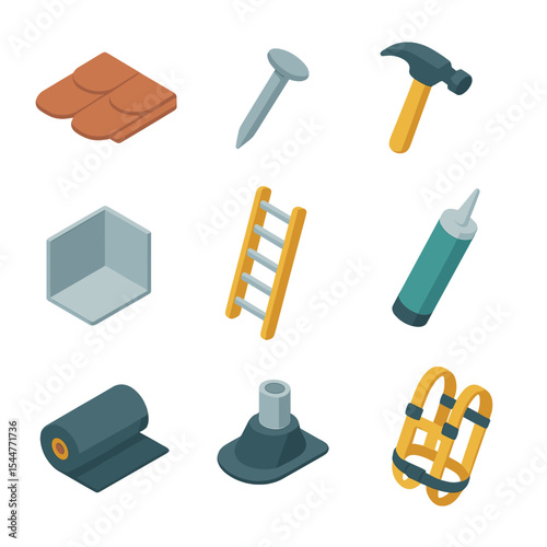 Roofing Repair Icons. Isometric Flat icon set of roofing repairs: asphalt shingle, roofing nail, roofing hammer, roof flashing