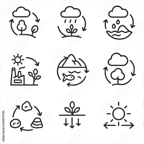 Nature Cycle Icons. Outline icon set of element cycles in nature: carbon cycle, nitrogen cycle, water cycle, sulfur cycle,
