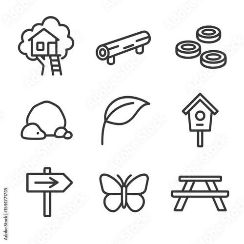 Nature Play Icon Set. Outline icon set of nature-inspired play: treehouse, log balance beam, wooden stepping stones, rock seat,