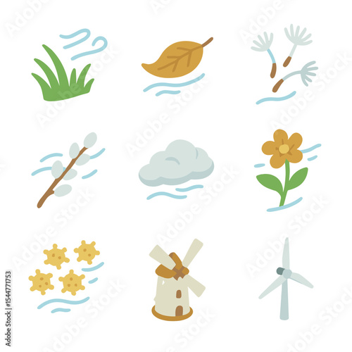 Nature Breeze Icons. Isometric Flat icon set of nature breeze scenes: swaying grass, falling leaf, dandelion seeds, willow branch,