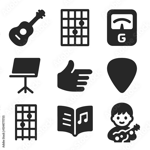 Guitar Learning Icons. Solid, filled icons set of kids learning guitar: acoustic guitar, chord diagram, tuner
