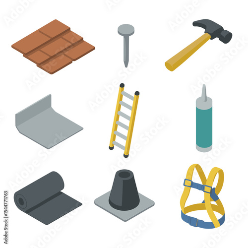 Roofing Repair Icons. Isometric Flat icon set of roofing repairs: asphalt shingle, roofing nail, roofing hammer, roof flashing