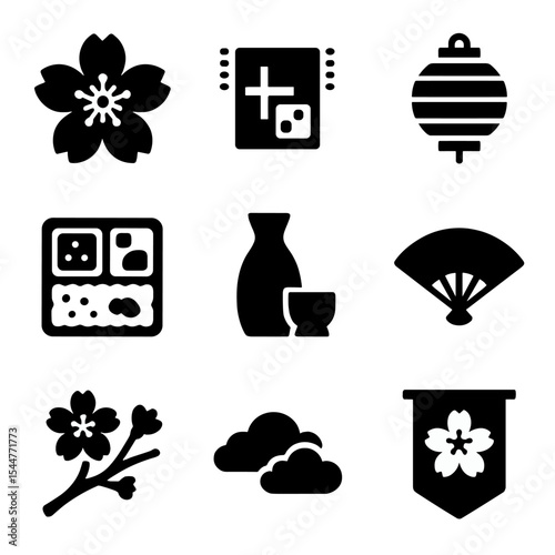 Hanami Icon Set. Solid, filled icons set of Hanami (cherry blossom festival): sakura flower, picnic mat, bento
