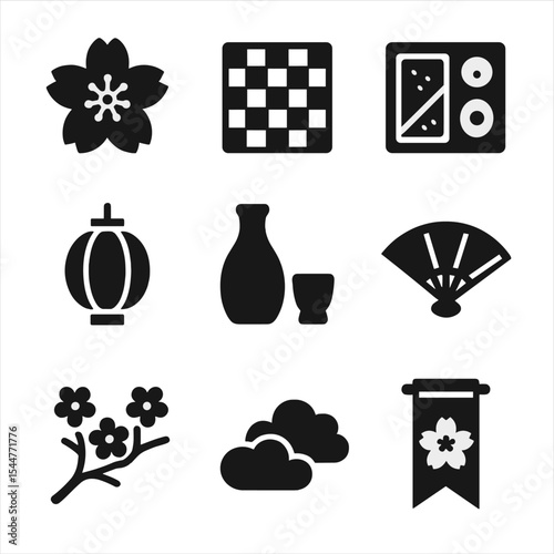 Hanami Icon Set. Solid, filled icons set of Hanami (cherry blossom festival): sakura flower, picnic mat, bento