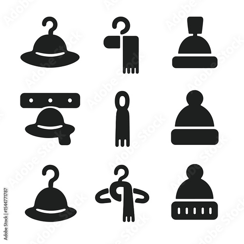 Hanging Winter Accessories Icons. Solid, filled icons set of hanging hats and scarves: coat hook, hat icon, scarf icon, wooden peg, wall rack, hanging loop, winter hat, closet hook, hanging hanger.