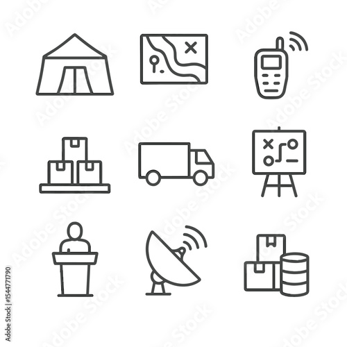 Disaster Management Icons. Outline icon set of disaster management coordination: incident command tent, situation map, radio