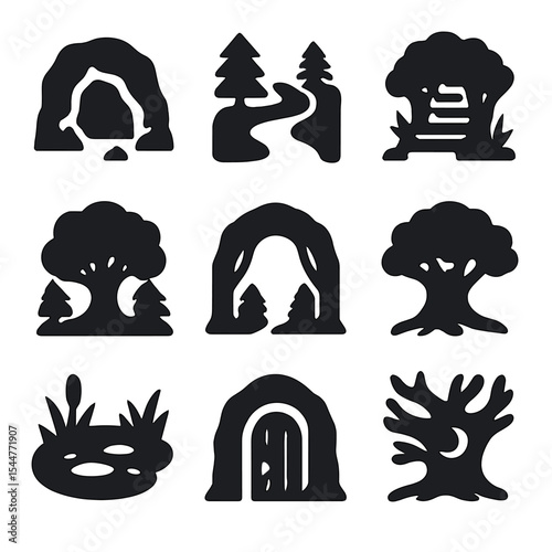 Hidden Forest Icons. Solid, filled icons set of hidden forest places: secret cave, winding path, mossy stair,
