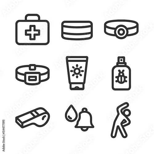 Safety & Health Icons. Outline icon set of safety and health: first aid kit, reflective armband, headlamp, ID bracelet, sunscreen