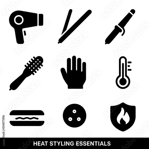 Heat Styling Icons. Solid, filled icons set of heat styling essentials: blow dryer, straightener, curling wand, hot air brush, heat glove, 