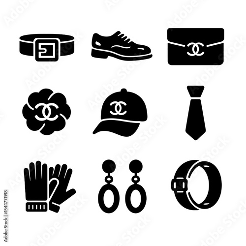 High-End Fashion Icons. Solid, filled icons set of high-end fashion items: luxury belt, patent leather shoes,