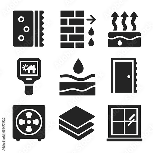 High-Performance Building Icons. Solid, filled icons set of high-performance building envelope: continuous