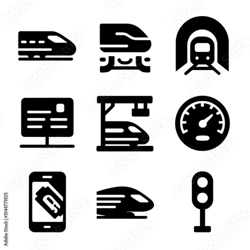 High-Speed Rail Icons. Solid, filled icons set of high-speed rail innovation: bullet train, magnetic rail,