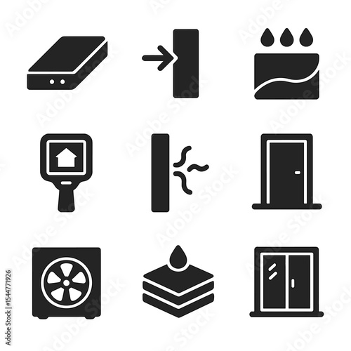 High-Performance Building Icons. Solid, filled icons set of high-performance building envelope: continuous