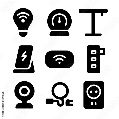 High-Tech Office Gadgets. Solid, filled icons set of high-tech office gadgets: smart light, smart thermostat, standing desk, wireless charger, smart hub, USB hub, webcam, clean cable, smart socket.