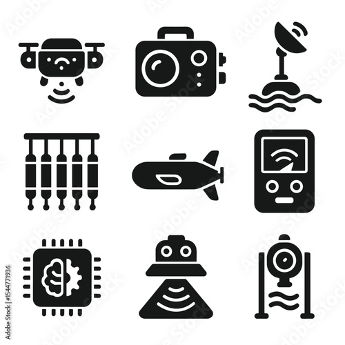 High-Tech Ocean Tools. Solid, filled icons set of high-tech ocean tools: deep scanner drone,