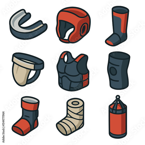 Isometric Safety Gear Icons. Isometric Flat icon set of punching bag safety gear: mouthguard, headgear, shin guard, groin