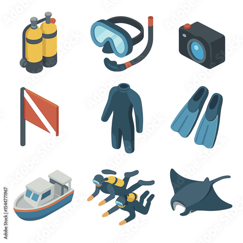 Diving Adventure Icons. Isometric Flat icon set of diving with sharks and rays: scuba tank, diving mask, snorkel, underwater