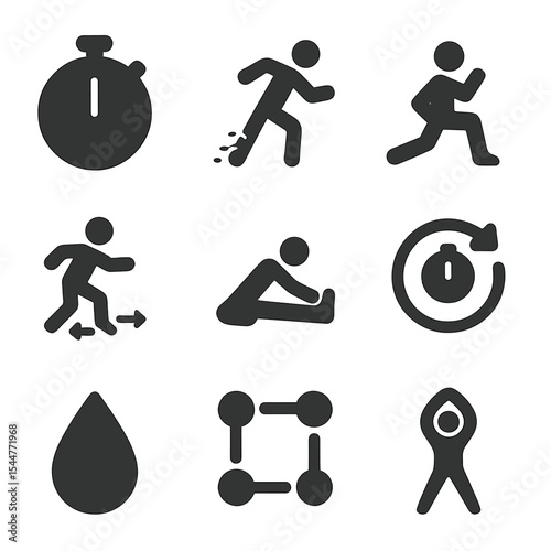 HIIT Exercise Icons. Solid, filled icons set of HIIT stretch integration: timed interval icon, fast arm