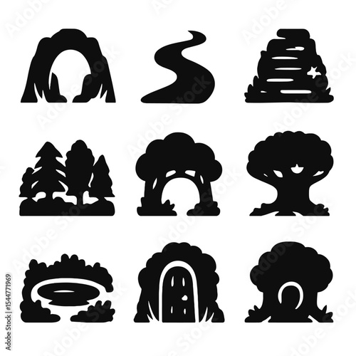 Hidden Forest Icons. Solid, filled icons set of hidden forest places: secret cave, winding path, mossy stair,