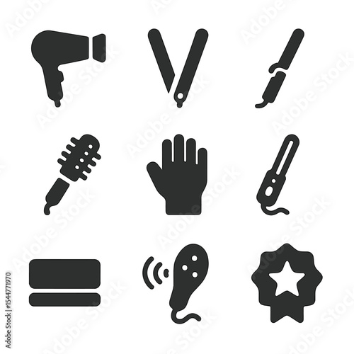 Heat Styling Icons. Solid, filled icons set of heat styling essentials: blow dryer, straightener, curling wand, hot air brush, heat glove, 