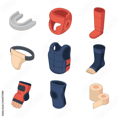 Isometric Safety Gear Icons. Isometric Flat icon set of punching bag safety gear: mouthguard, headgear, shin guard, groin