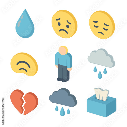 Sadness Icon Set. Isometric Flat icon set of emotional expressions of sadness: teardrop, frown face, downcast eyes, quivering lip,