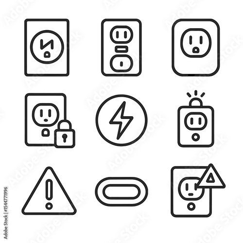 Safety Switch Icons. Outline icon set of safety switch plates: tamper-resistant shutter, GFCI tester button, insulated surround,