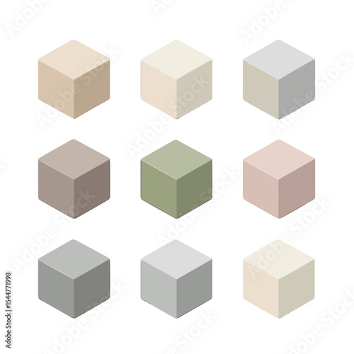 Neutral Color Palette. Isometric Flat icon set of neutral color palette swatches: beige block, ivory block, light gray block,