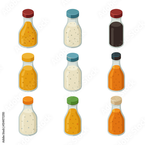 Salad Dressing Icons. Isometric Flat icon set of salad dressings: vinaigrette bottle, creamy ranch, Caesar dressing, balsamic