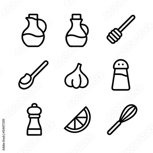 Salad Dressing Ingredients Icons. Outline icon set of salad dressing components: olive oil bottle, vinegar jar, mustard spoon,