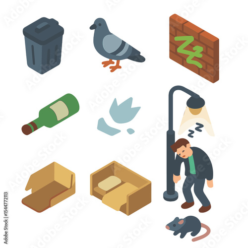 Night Alley Icons. Isometric Flat icon set of late-night alley intoxication: trash bin, pigeon, graffiti wall, empty bottle,