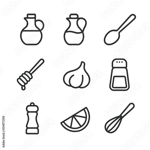 Salad Dressing Ingredients Icons. Outline icon set of salad dressing components: olive oil bottle, vinegar jar, mustard spoon,
