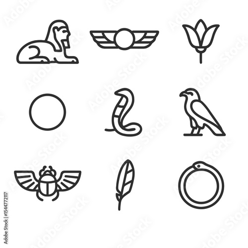Sarcophagus Icon Set. Outline icon set of sarcophagus symbolic motifs: sphinx guardian, winged sun, lotus blossom, solar disk,