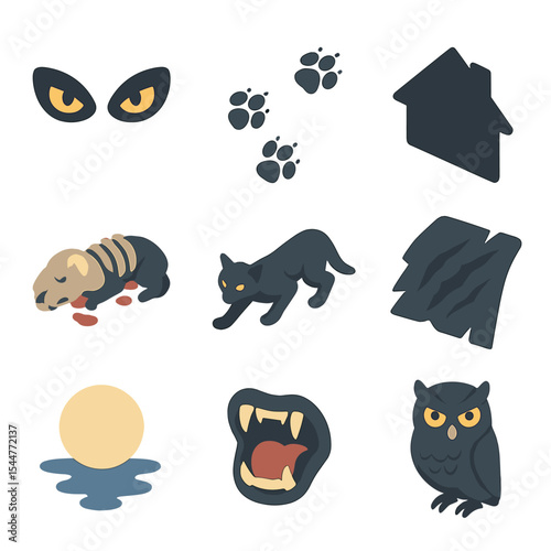 Night Beast Icon Set. Isometric Flat icon set of beast life by night: glowing eyes pair, paw print trail, roof silhouette,