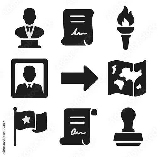 Historical Leaders Icons. Solid, filled icons set of historical world leaders and legacy: statue icon,