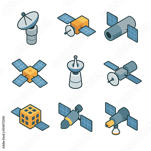 Satellite Icon Grid. Isometric Flat icon set of satellite classifications: geostationary satellite, communications satellite,